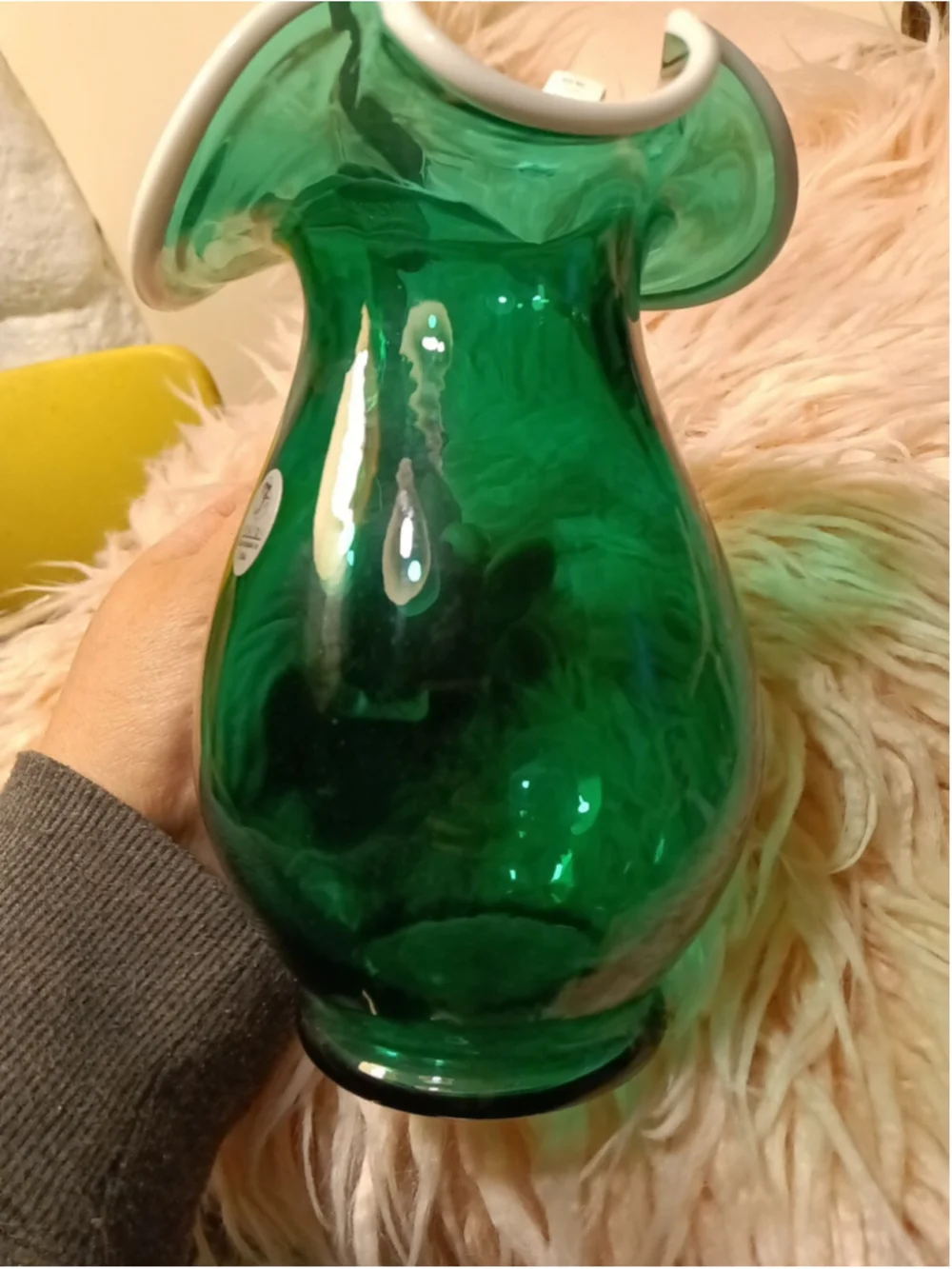Fenton Emerald Green Snow Crest Glass Reed Handled Ruffle Pitcher handmade USA